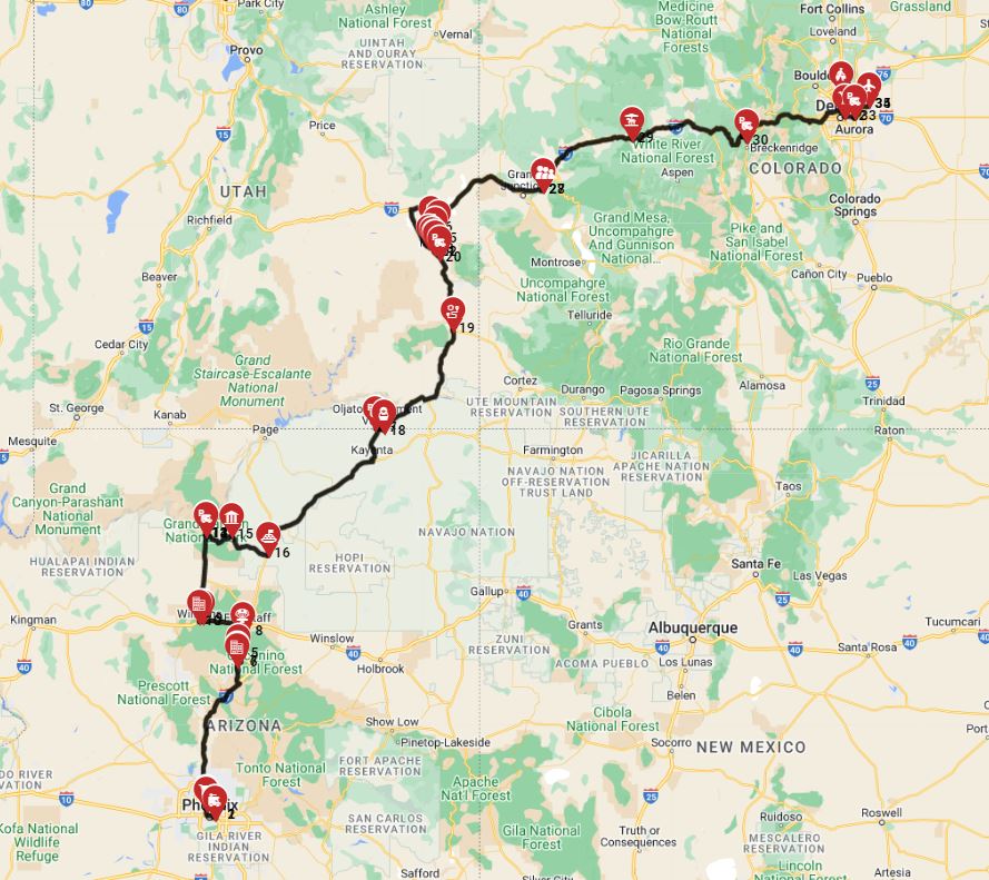 Motorhome route from Phoenix to Denver- including the Grand Canyon